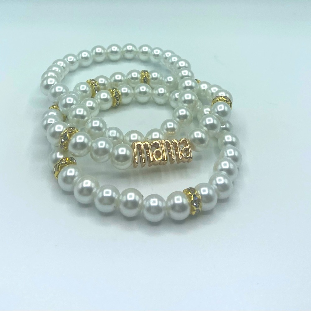 Handmade White and Gold Beaded ‘Mama' Bracelet Set